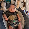 baby, infant, child, portrait, sitting, bouncer, baby_seat, harness, plush_toy, stuffed_animal, cushion, indoor, home, furniture, drawers, clothing, dark_shirt, bare_legs, serious_expression, photography
