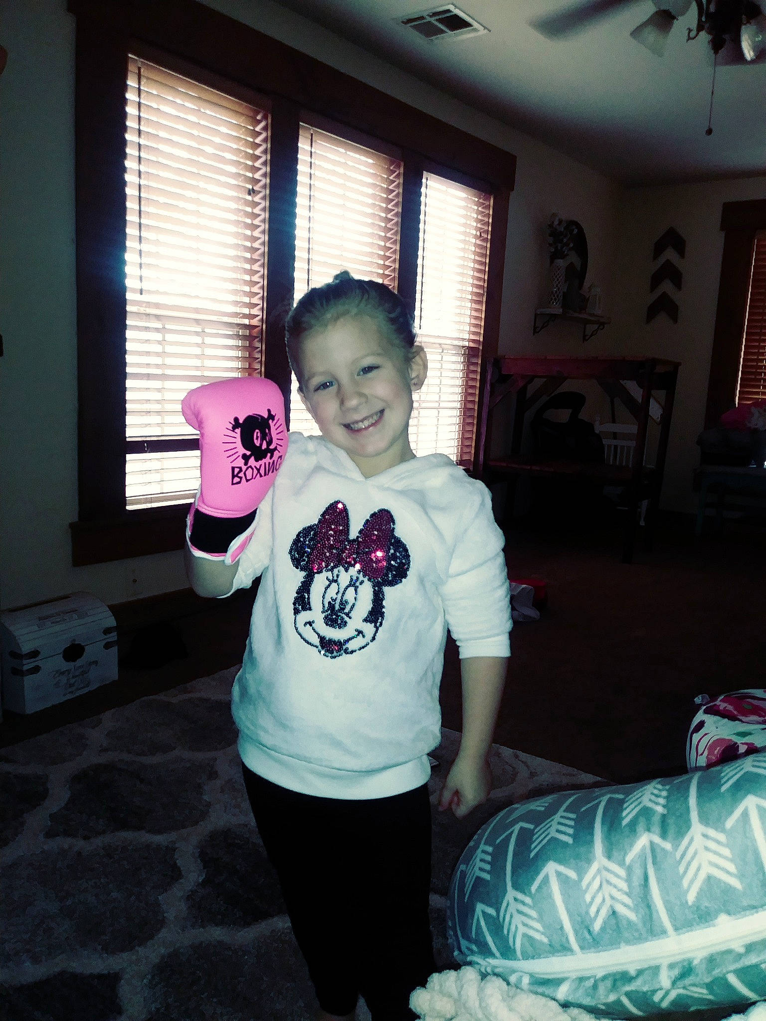 Maizy is registered to the contest to win money with this photo: child, cool, day, design, facial_expression, fun, girl, joy, organ, person, pink, product, purple, room, shoulder, smile, standing, t_shirt, textile, toddler