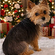 Mr. C. A. Dickens is registered to the contest to win money with this photo: dog, small_dog, yorkshire_terrier, pet, christmas_tree, christmas_lights, holiday_decor, gifts, present, festive, indoor, portrait, fur, ears, big_eyes, carpet, cozy, bokeh, seasonal, home