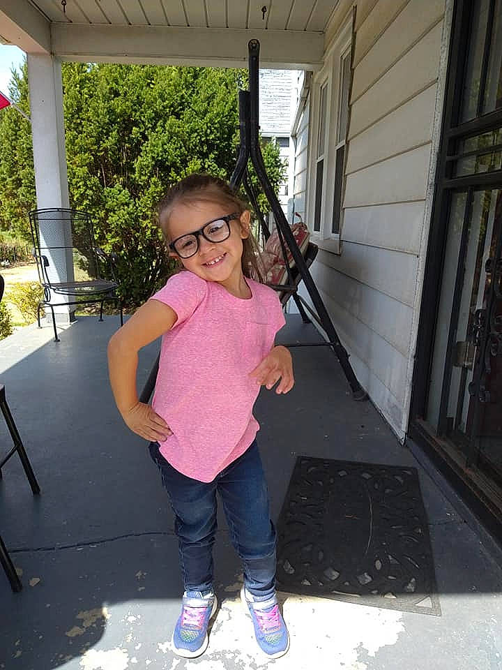 Nala joined the competition — help win amazing prizes! cool, door, eyewear, fun, glasses, grass, joy, leisure, magenta, person, pink, plant, recreation, shoe, shoulder, smile, sneakers, toddler, tree, vision_care