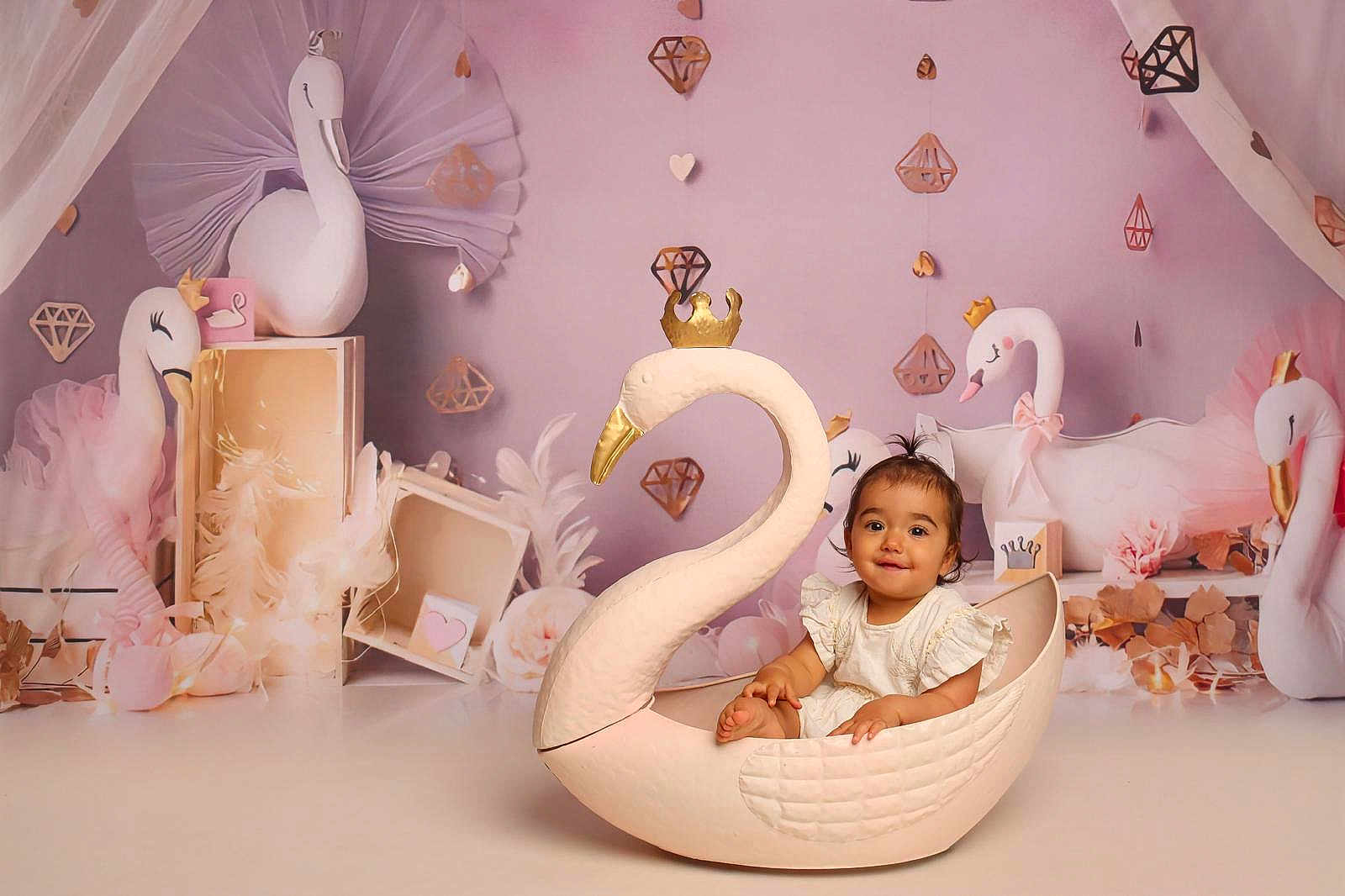 Romy participe au concours pour gagner de l'argent avec cette photo : toddler, child, swan, crown, seat, pink, decor, background, ornaments, feathers, cute, smiling, indoor, portrait, baby, soft_lighting, playful, props, studio, happiness