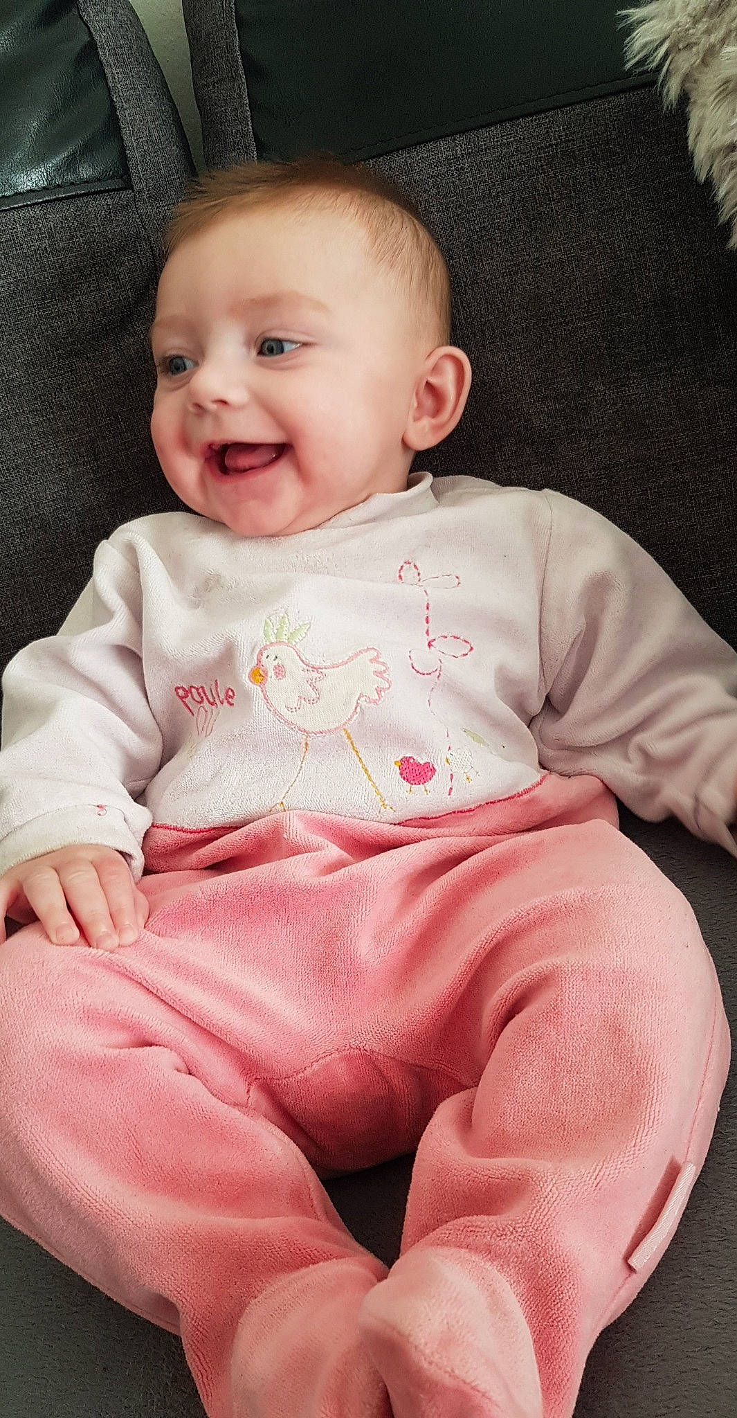 Léna participe au concours pour gagner de l'argent avec cette photo : baby, baby_toddler_clothing, cheek, chin, collar, comfort, eye, face, facial_expression, happy, head, iris, lip, neck, nose, person, pink, skin, sleeve, smile