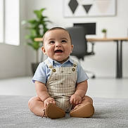 Dante joined the competition — help win amazing prizes! baby, child, smiling, sitting, indoor, carpet, overalls, blue_shirt, modern_room, office_chair, desk, plant, minimalist, happy, cute, portrait, young_child, floor, light, home