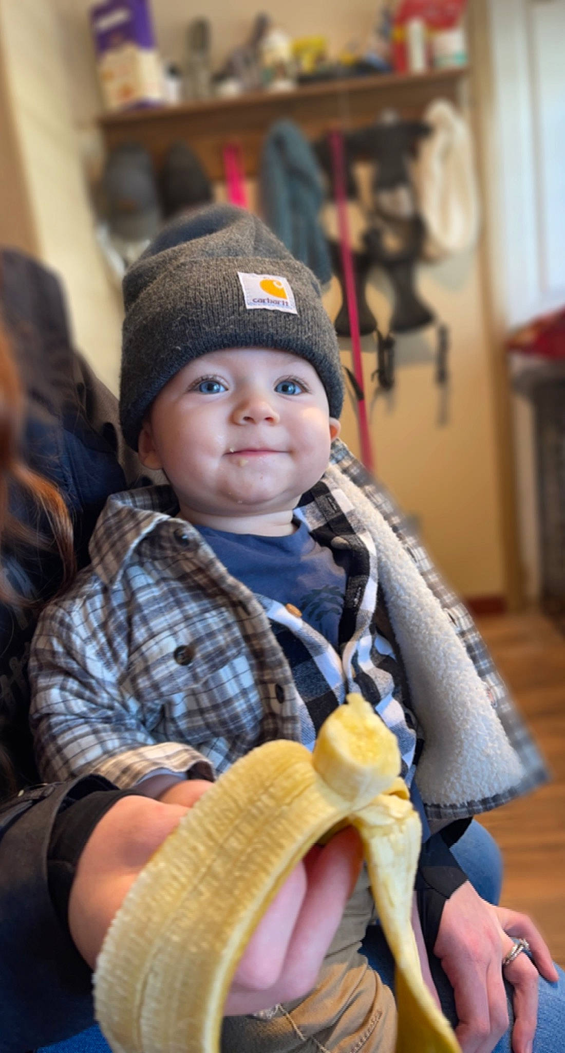 Sawyer joined the competition — help win amazing prizes! baby, baby_toddler_clothing, beanie, cap, cheek, child, comfort, electric_blue, fruit, fun, headwear, human, knit_cap, natural_foods, pattern, person, plaid, sitting, skin, smile