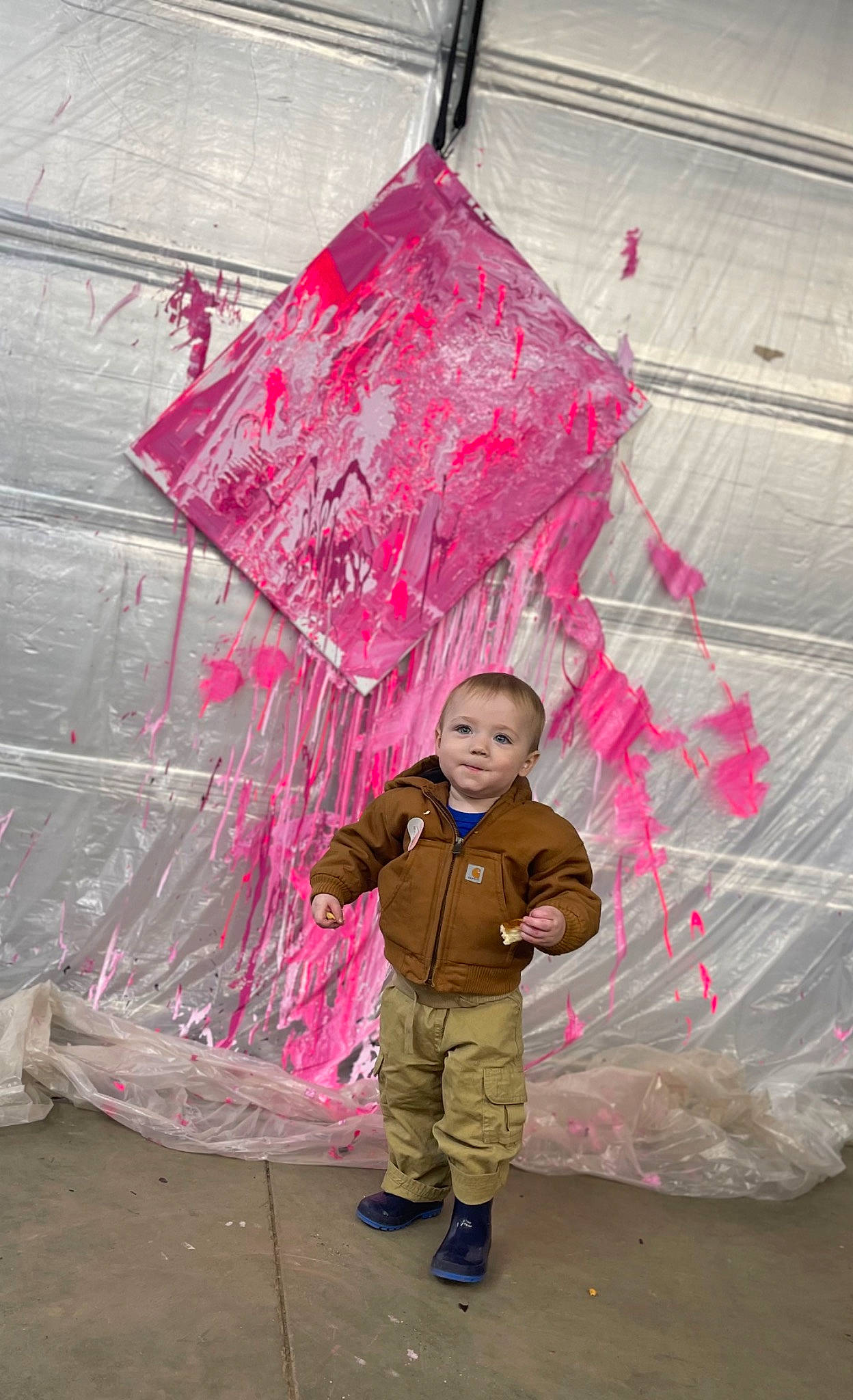 Sawyer joined the competition — help win amazing prizes! art, child, fashion_accessory, fun, jacket, leisure, magenta, pattern, person, pink, purple, red, reflection, standing, temple, textile, tints_and_shades, toddler, tree, visual_arts