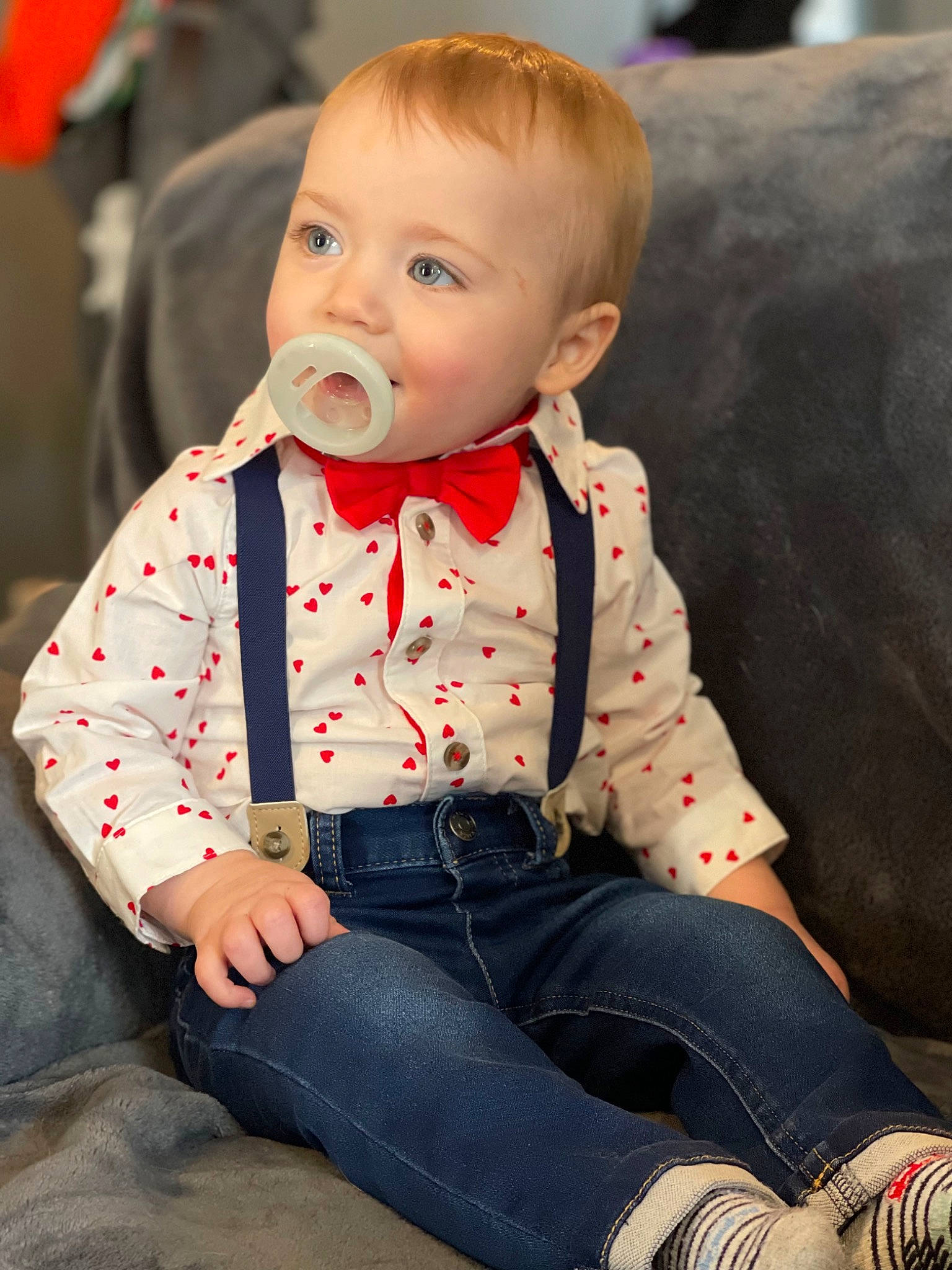 Sawyer joined the competition — help win amazing prizes! baby, baby_toddler_clothing, cheek, child, collar, dress_shirt, eye, face, hair, hairstyle, happy, head, iris, lip, outerwear, pattern, person, sitting, skin, sleeve