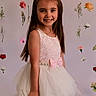 background, bow, celebration, child, cute, dress, fashion, flower, girl, happy, innocence, lace, long_hair, person, pink, portrait, smile, studio, tulle, white