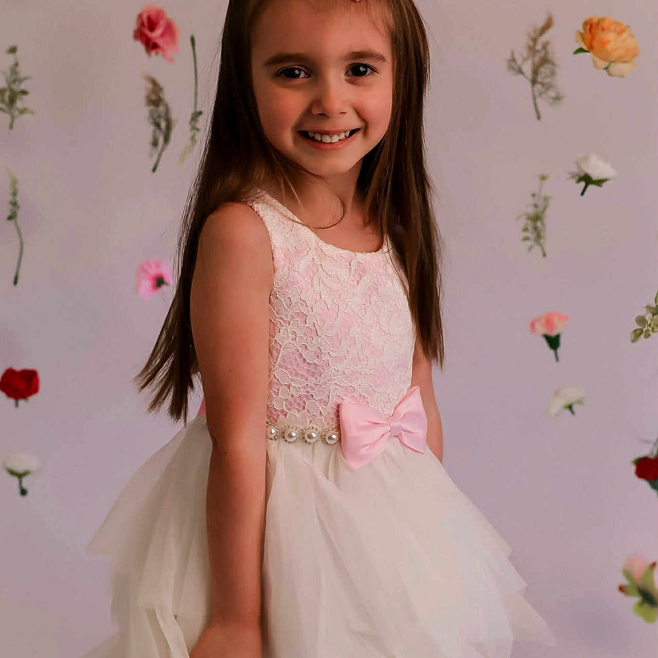 Kingsley joined the competition — help win amazing prizes! background, bow, celebration, child, cute, dress, fashion, flower, girl, happy, innocence, lace, long_hair, person, pink, portrait, smile, studio, tulle, white