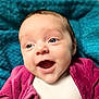 baby, infant, smiling, face, blue_eyes, open_mouth, clothing, jacket, pink, purple, teal, knitted_blanket, background, portrait, cute, happy, skin, human, closeup, indoor
