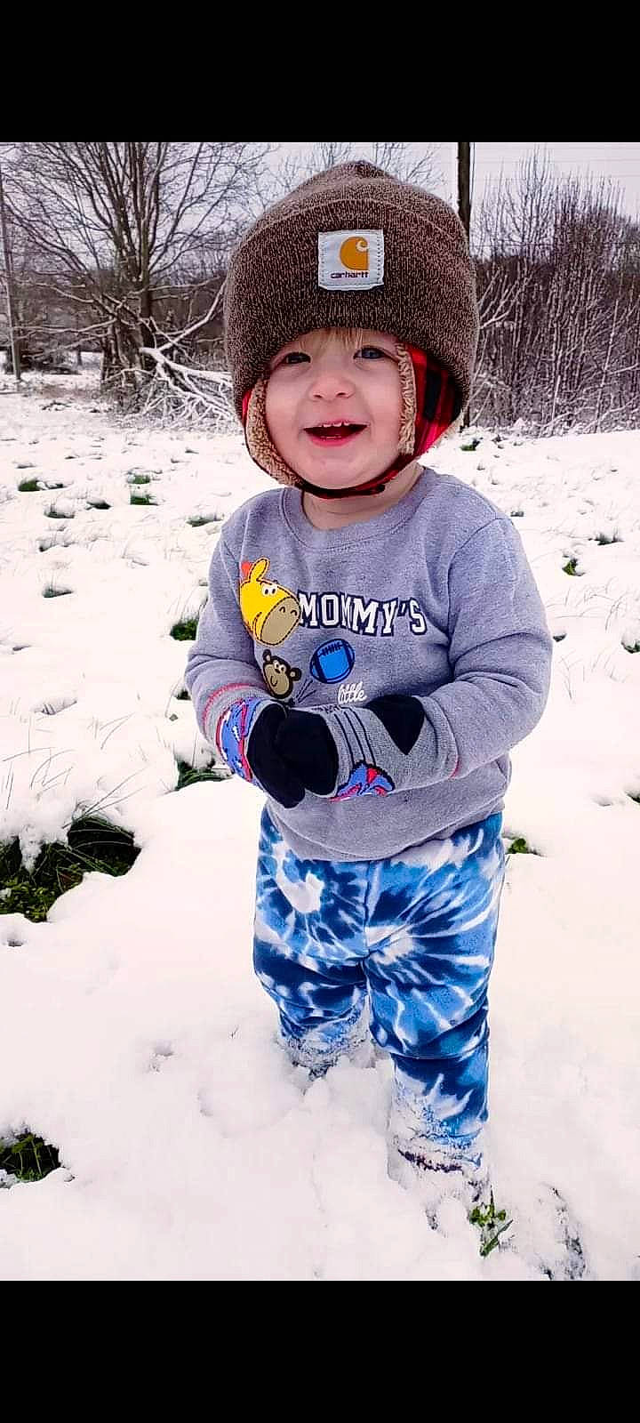 Kody joined the competition — help win amazing prizes! baby_toddler_clothing, beauty, child, clothing, face, freezing, happy, head, headwear, mammal, outerwear, person, personal_protective_equipment, photograph, recreation, sleeve, smile, snow, toddler, tree