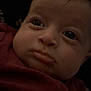 baby, infant, face, closeup, eyes, blanket, maroon, expression, skin, child, portrait, young, cute, indoors, person, head, hair, nose, mouth, soft