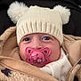 Lilly participe au concours pour gagner de l'argent avec cette photo : baby, pacifier, hat, knit_hat, pom_poms, jacket, beige, blanket, face, blue_eyes, infant, clothing, cute, warm, cozy, portrait, child, person, closeup, newborn