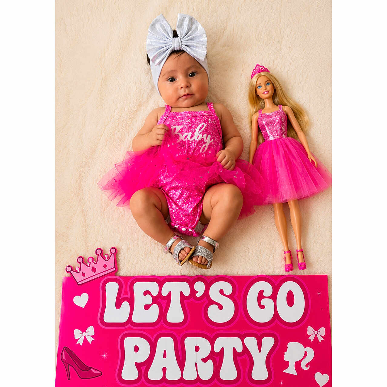 Samira is registered to the contest to win money with this photo: baby, tutu, headband, pink, doll, barbie, sign, party, dress, footwear, sandals, blanket, child, celebration, cute, portrait, happy, toy, fashion, accessory