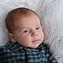 baby, infant, face, eyes, shirt, plaid, green, blue, button, fluffy, blanket, soft, portrait, child, cute, skin, hair, lying_down, closeup, indoors