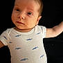 Soli is registered to the contest to win money with this photo: baby, infant, onesie, blue, shark_pattern, face, skin, arm, lying_down, clothing, child, portrait, newborn, cute, expression, background, human, casual, closeup, soft_light
