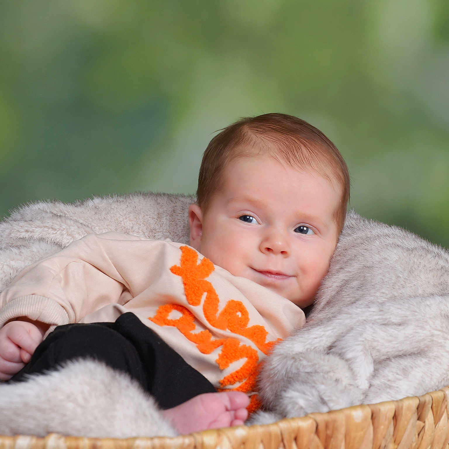 Soli is registered to the contest to win money with this photo: baby, basket, blanket, clothing, cozy, cute, face, furniture, infant, laying, looking_away, orange_text, person, portrait, relaxing, sweater, toddler, warm, wooden, young_child