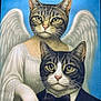Pepito joined the competition — help win amazing prizes! angel, animal_face, art, blue_background, cat, costume, dress, expression, eyes, feline, formal_wear, halo, hand, painting, pink_nose, portrait, surreal, tuxedo, whiskers, wings