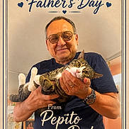 Pepito joined the competition — help win amazing prizes! man, cat, glasses, indoor, happy_fathers_day, tabby_cat, holding, portrait, smile, watch, ring, tshirt, furniture, picture_frame, heart, decor, background, male, pet, celebration