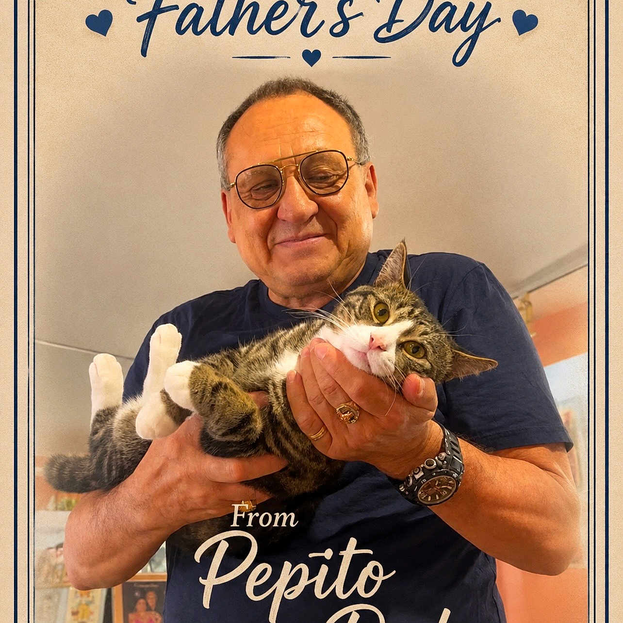 Pepito joined the competition — help win amazing prizes! man, cat, glasses, indoor, happy_fathers_day, tabby_cat, holding, portrait, smile, watch, ring, tshirt, furniture, picture_frame, heart, decor, background, male, pet, celebration