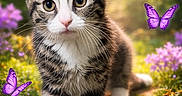 Pepito joined the competition — help win amazing prizes! adorable, animal, cat, closeup, curious, cute, flowers, fluffy, garden, greenery, kitten, nature, outdoor, path, purple_butterflies, sunlight, tabby, walking, white_paws, young_cat