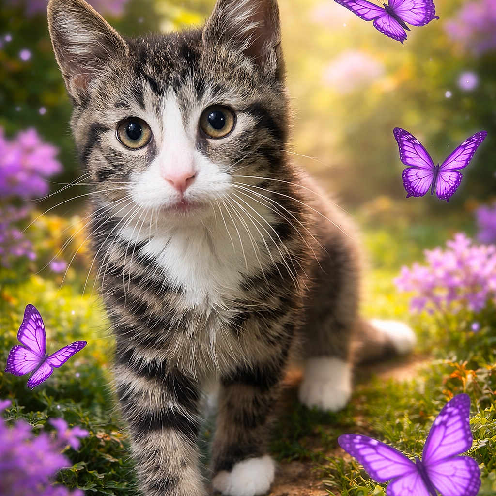 Pepito joined the competition — help win amazing prizes! adorable, animal, cat, closeup, curious, cute, flowers, fluffy, garden, greenery, kitten, nature, outdoor, path, purple_butterflies, sunlight, tabby, walking, white_paws, young_cat