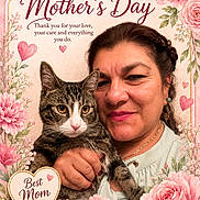 Pepito joined the competition — help win amazing prizes! woman, cat, portrait, smile, flower, floral_frame, mother, pet, tabby_cat, love, heart, earring, necklace, holding, close_up, pink, happy, gift, celebration, text_overlay