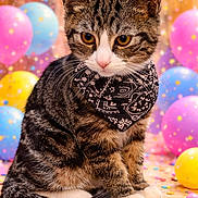 Pepito is registered to the contest to win money with this photo: balloons, bandana, cat, celebration, closeup, colorful, confetti, cute, decorations, feline, fur, indoor, kitten, party, pet, playful, sitting, tabby, whiskers, young