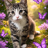 Pepito joined the competition — help win amazing prizes! animal, butterflies, cat, close_up, colorful, curious, cute, flowers, garden, greenery, kitten, nature, outdoor, path, pet, purple_butterflies, sunlight, tabby, white_paws, young_cat