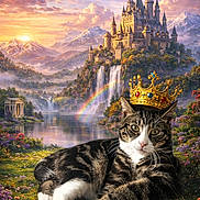Pepito is registered to the contest to win money with this photo: animal, castle, cat, clouds, crown, fantasy, flowers, landscape, meadow, mountains, nature, outdoor, rainbow, regal, river, royalty, scenery, sky, sunset, waterfall