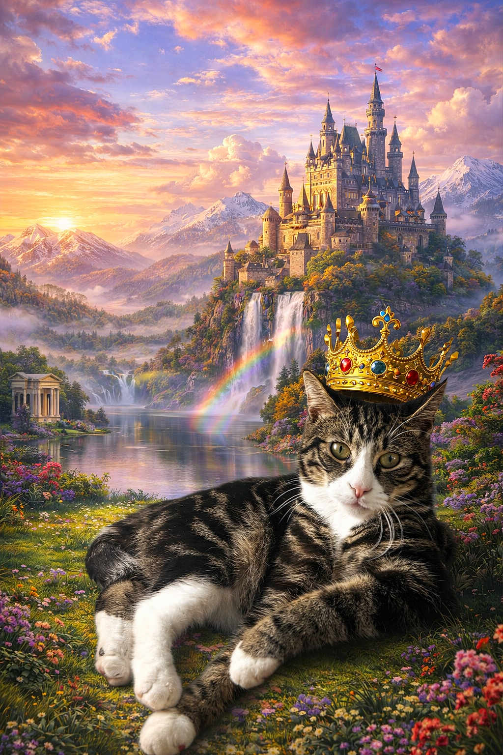 Pepito is registered to the contest to win money with this photo: animal, castle, cat, clouds, crown, fantasy, flowers, landscape, meadow, mountains, nature, outdoor, rainbow, regal, river, royalty, scenery, sky, sunset, waterfall