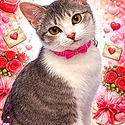 Artemis joined the competition — help win amazing prizes! cat, kitten, pink_bow_tie, heart_balloons, love_letters, roses, bouquets, pink_background, valentine_theme, cute_pet, feline, portrait, sitting, adorable, whiskers, orange_eyes, fluffy_fur, romantic, decorations, gift_wrapping
