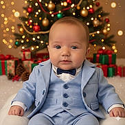 Maylo a rejoint le concours — aidez-le/la à gagner de superbes lots ! baby, blue_suit, bow_tie, celebration, child, christmas_tree, cute, decorations, festive, happy, holiday, indoors, lights, ornaments, pinecones, portrait, presents, seasonal, sitting, smiling
