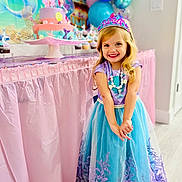 Emaleigh is registered to the contest to win money with this photo: child, girl, princess_dress, birthday_party, cake, balloons, smile, party_decoration, table, pastel_colors, necklace, tiara, indoor, celebration, happy, curly_hair, floor, wall, pink, blue