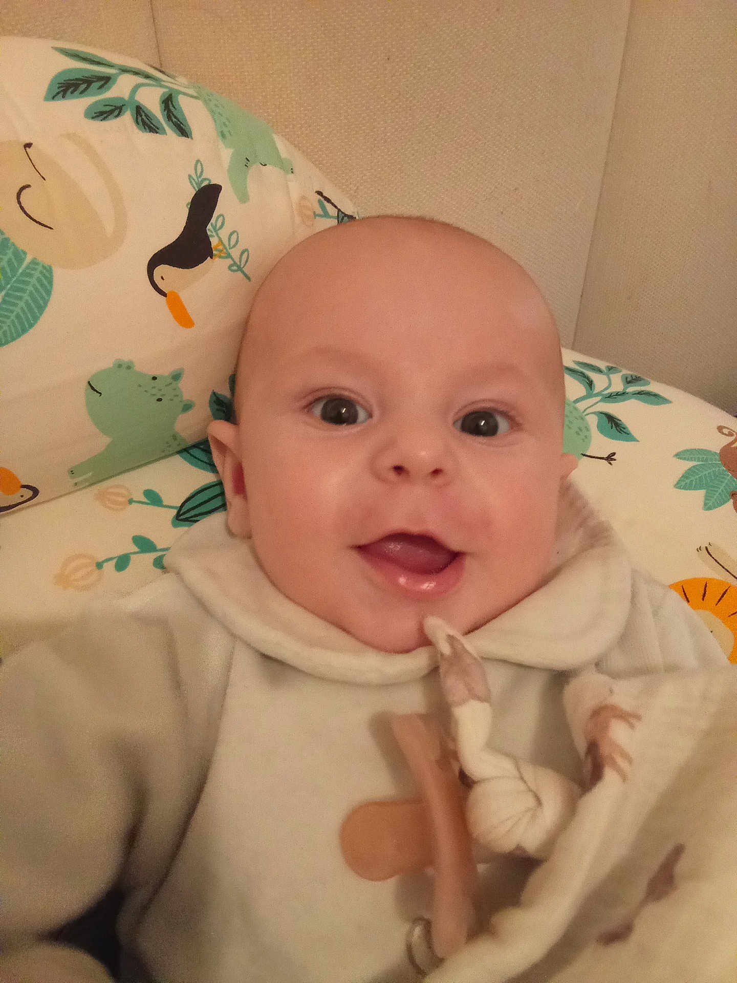 Léon participe au concours pour gagner de l'argent avec cette photo : baby, infant, smiling, pacifier, pillow, bedding, onesie, closeup, portrait, mouth_open, big_eyes, blanket, animal_print, cute, indoors, head, cheeks, skin, pattern, toy