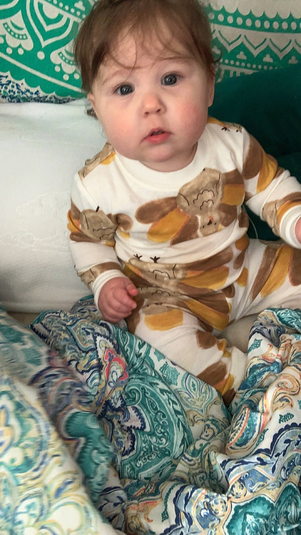Jordyn joined the competition — help win amazing prizes! baby, baby_products, baby_toddler_clothing, bedding, cheek, child, comfort, eye, green, happy, head, linens, pattern, person, room, sitting, skin, sleeve, t_shirt, textile
