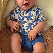 Quinn is registered to the contest to win money with this photo: baby, child, blue_eyes, smiling, sitting, shorts, shirt, sandals, patterned_blanket, indoor, happy, cute, infant, hand, footwear, portrait, casual_clothing, skin, face, expression