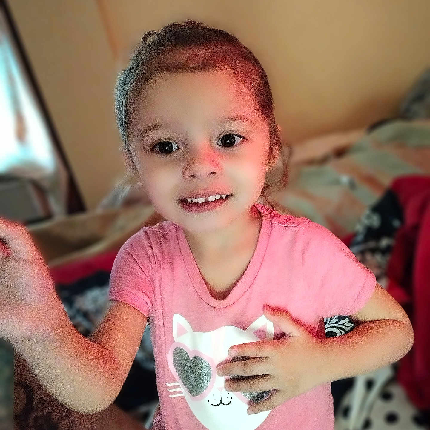 Ava joined the competition — help win amazing prizes! baby, bed, bedroom, bodypart, clothing, couch, face, finger, furniture, hand, happy, head, indoors, person, photography, portrait, room, skin, smile, t_shirt