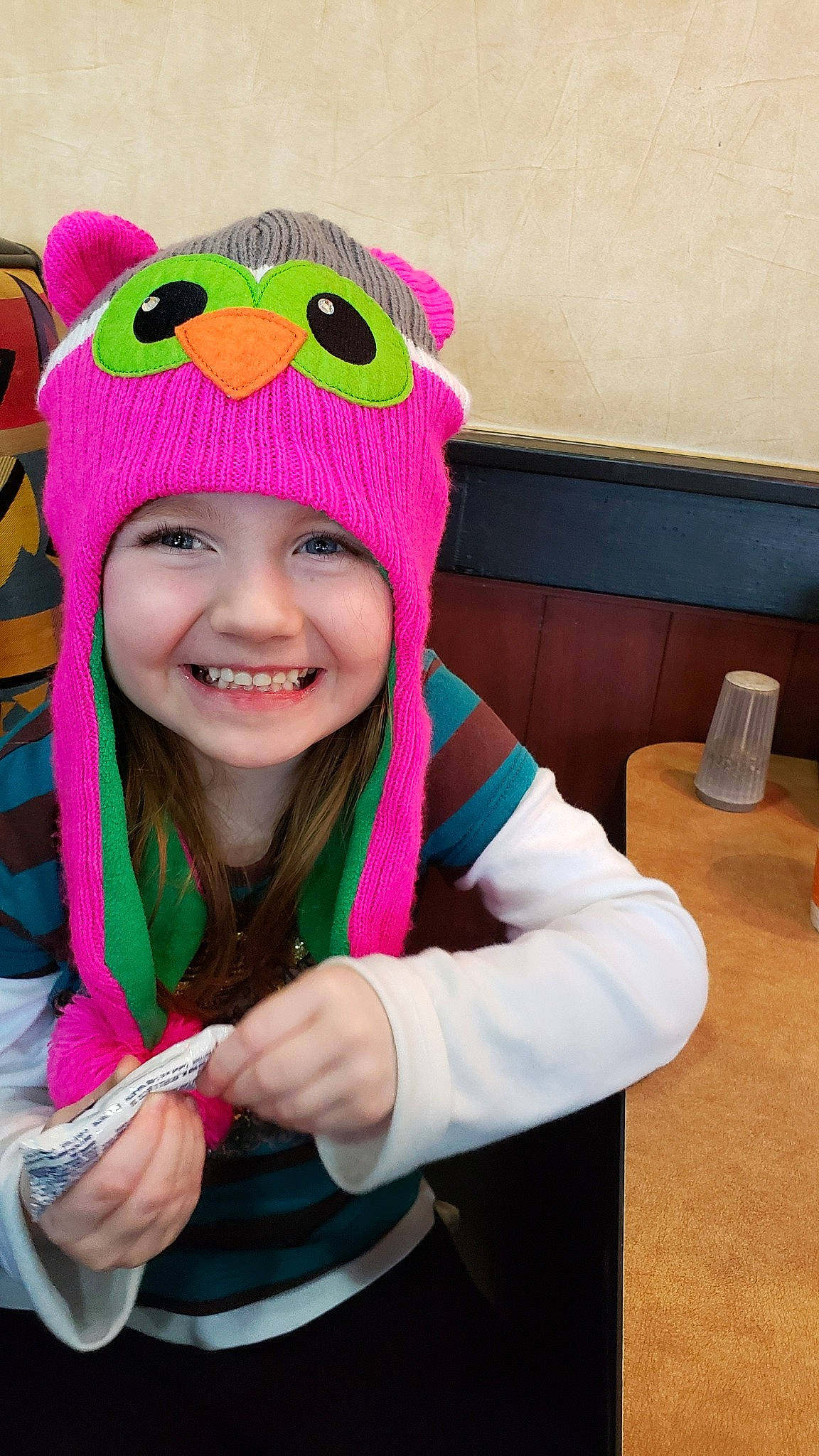Danica joined the competition — help win amazing prizes! beanie, cap, child, costume, costume_accessory, costume_hat, crochet, hat, headgear, joy, knit_cap, person, pink, smile, toddler