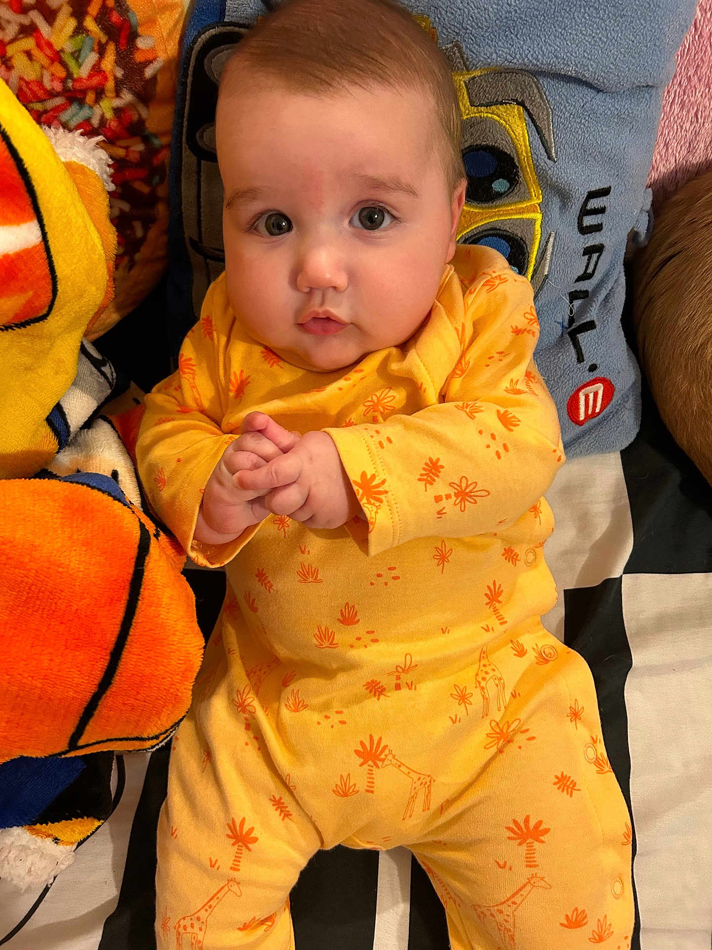 Lucas participe au concours pour gagner de l'argent avec cette photo : baby, infant, yellow_onesie, giraffe_pattern, plush_toy, blanket, cute, hands_clasped, indoors, portrait, child, soft_toys, colorful, cozy, face, eyes, expression, clothing, lying_down, closeup