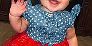Oaklynn joined the competition — help win amazing prizes! baby, child, smiling, happy, sitting, headband, bow, dress, skirt, red, blue, stars, floor, wooden_floor, indoor, cute, waving, portrait, infant, clothing