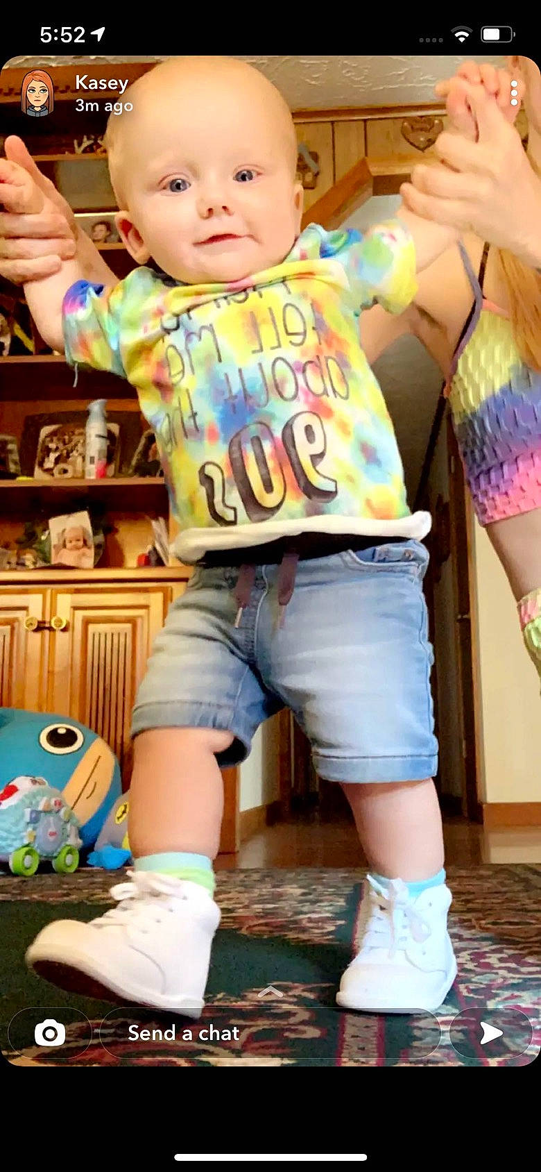 Arlow is registered to the contest to win money with this photo: baby_toddler_clothing, blue, cool, fun, green, hand, happy, jean_short, joint, leg, person, photograph, pink, shoe, shorts, sleeve, standing, thigh, toddler, waist