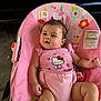 baby, infant, pink, bouncer, hello_kitty, unicorn, flower_pattern, child, cute, hair_ties, clothing, seat, toy, indoor, portrait, skin, legs, arm, face, expression