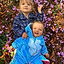 Cassie participe au concours pour gagner de l'argent avec cette photo : child, toddler, flowers, purple_flowers, leaves, outdoor, nature, blue_onesie, coat, grass, happy, smiling, sitting, playing, cute, fall, sunlight, person, shoes, baby