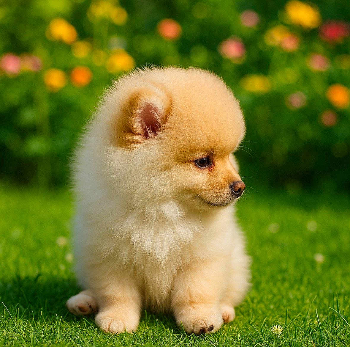 Alpha participe au concours pour gagner de l'argent avec cette photo : puppy, dog, pomeranian, fluffy, grass, outdoor, flower, nature, cute, pet, animal, small, young, fur, garden, greenery, background_blur, sitting, adorable, portrait