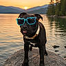 dog, black_dog, sunglasses, rock, lake, sunset, water, trees, mountains, outdoor, nature, animal, pet, playful, tongue_out, collar, reflection, scenic, summer, canine
