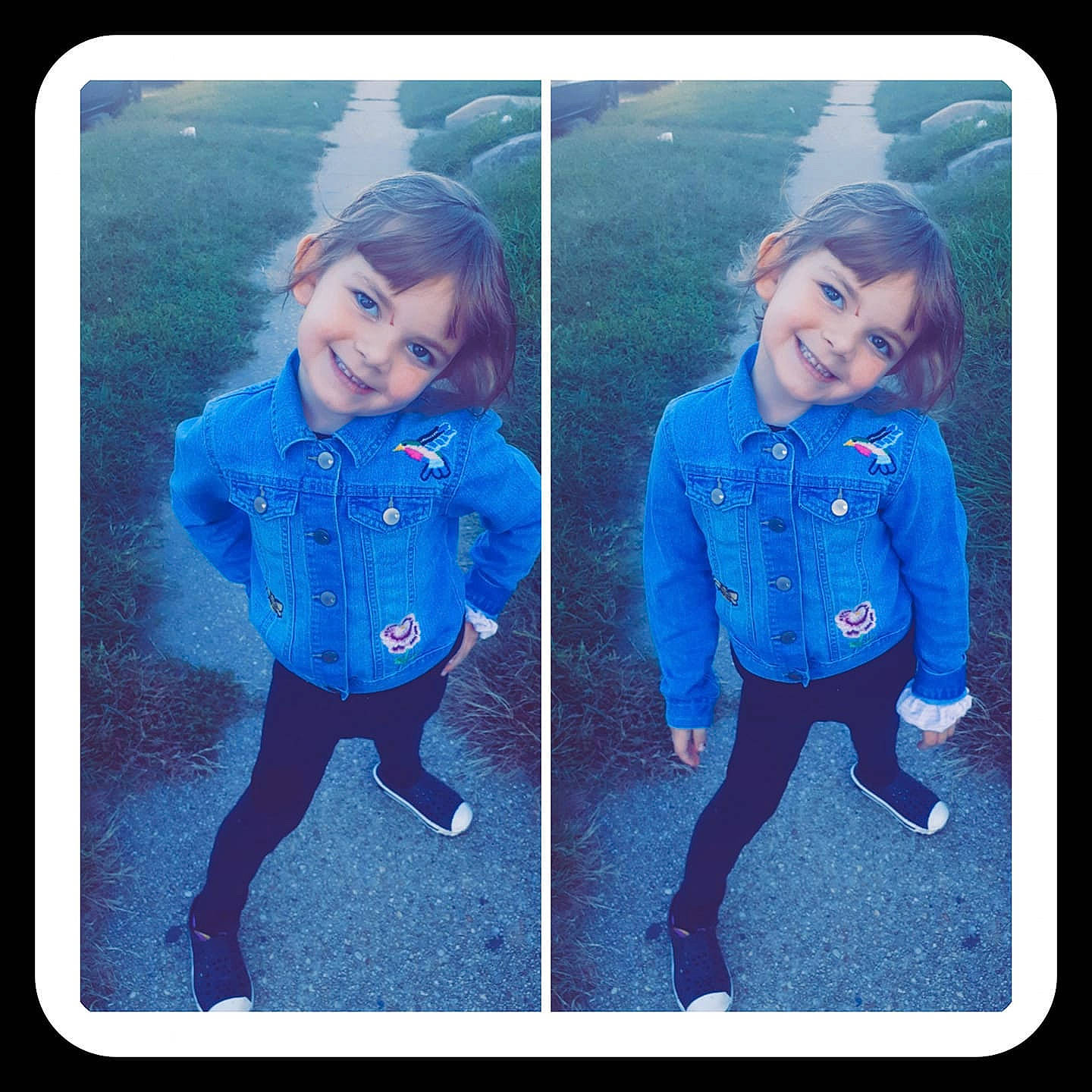 Lily is registered to the contest to win money with this photo: aqua, azure, baby_toddler_clothing, cool, eye, face, gesture, hand, happy, head, human_body, joy, leg, outerwear, person, product, purple, sleeve, smile, standing