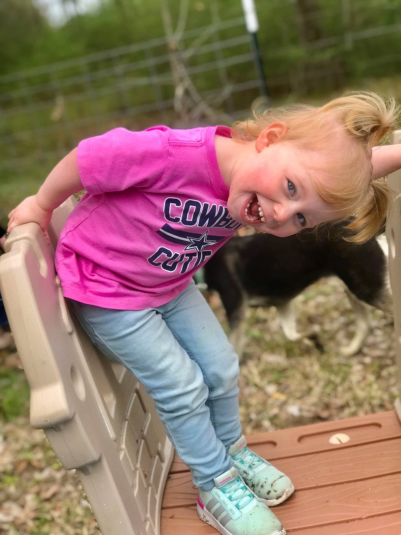 Adalynn joined the competition — help win amazing prizes! blond, child, foot, fun, grass, happy, human_leg, jeans, joint, leg, leisure, magenta, people_in_nature, person, pink, recreation, smile, soil, t_shirt, thigh