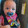 Karson joined the competition — help win amazing prizes! baby, car_seat, child, closeup, clothing, colorful, cute, face, hand, harness, holding, indoor, infant, pacifier, person, portrait, safety, seatbelt, striped_shirt, warning_label