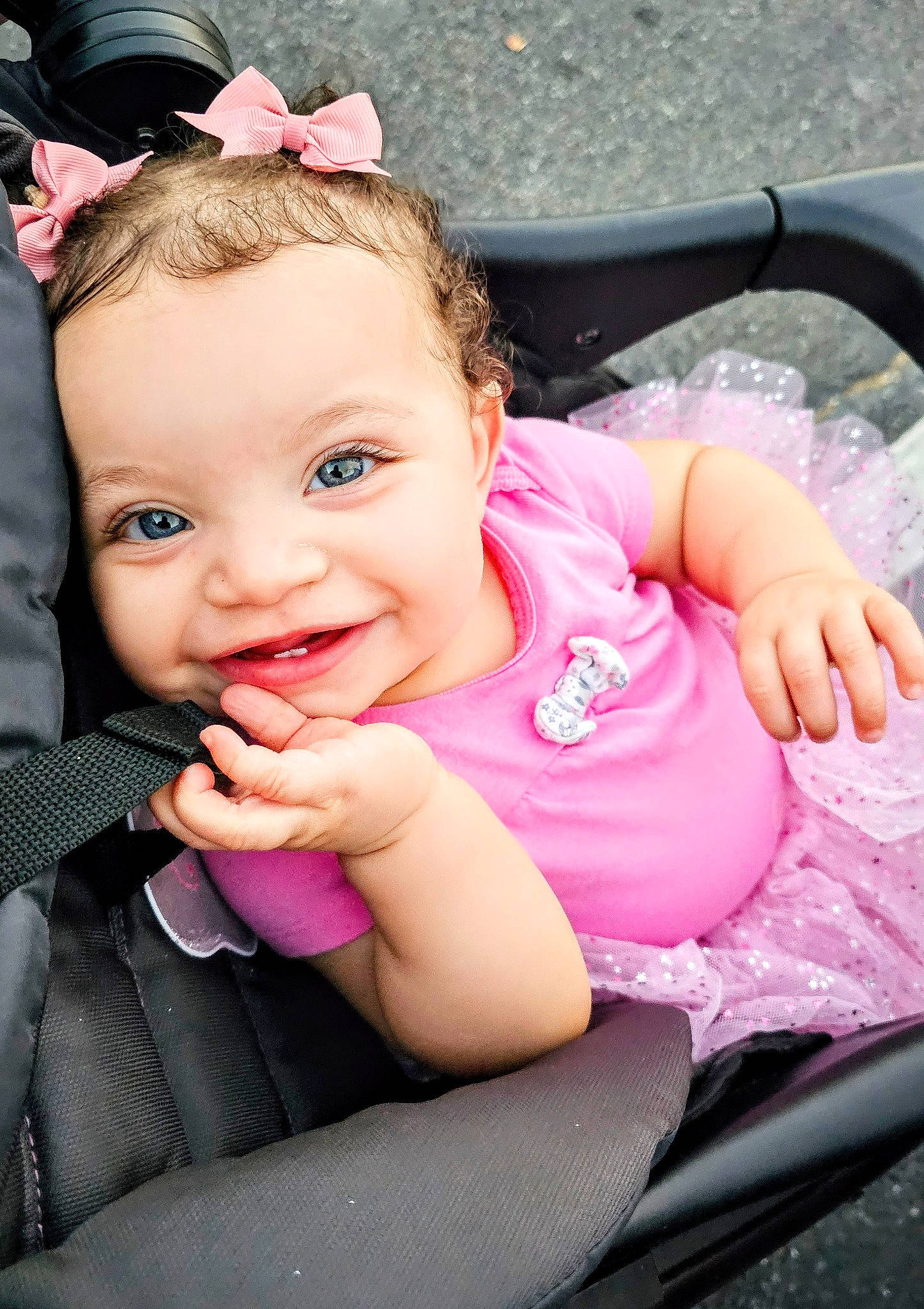 Alora joined the competition — help win amazing prizes! baby, baby_toddler_clothing, cheek, child, finger, flash_photography, fun, gesture, grass, happy, joy, lip, mouth, nail, person, pink, skin, smile, thumb, toddler