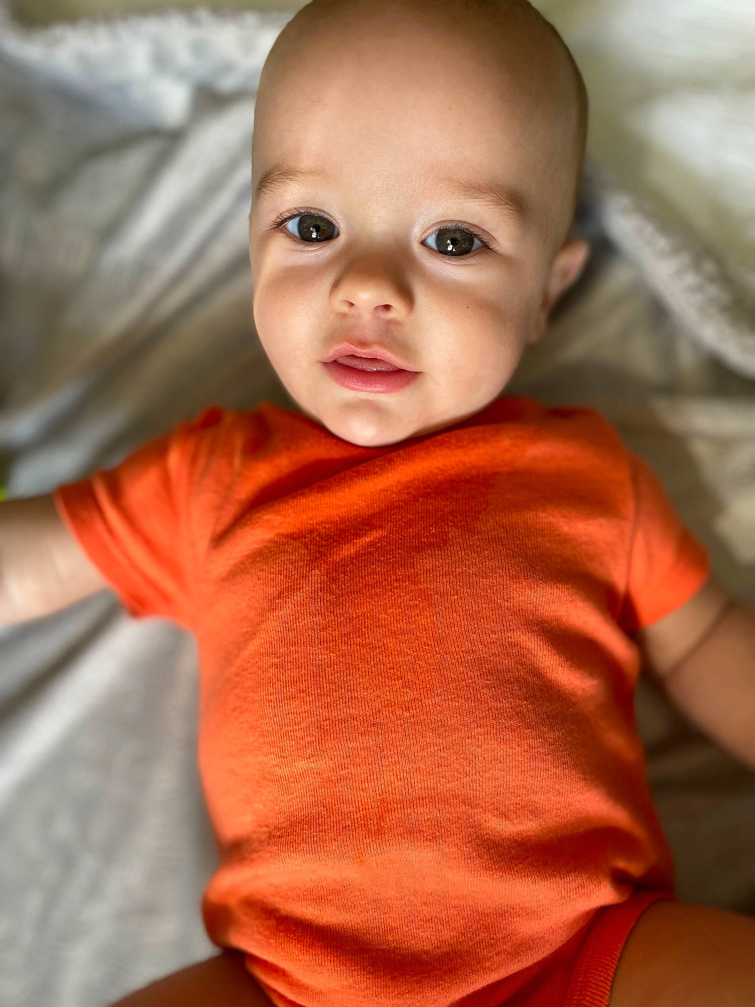 David is registered to the contest to win money with this photo: baby, baby_toddler_clothing, carmine, cheek, child, collar, comfort, eye, eyebrow, flash_photography, happy, human_body, iris, lip, nose, orange, person, sleeve, smile, t_shirt